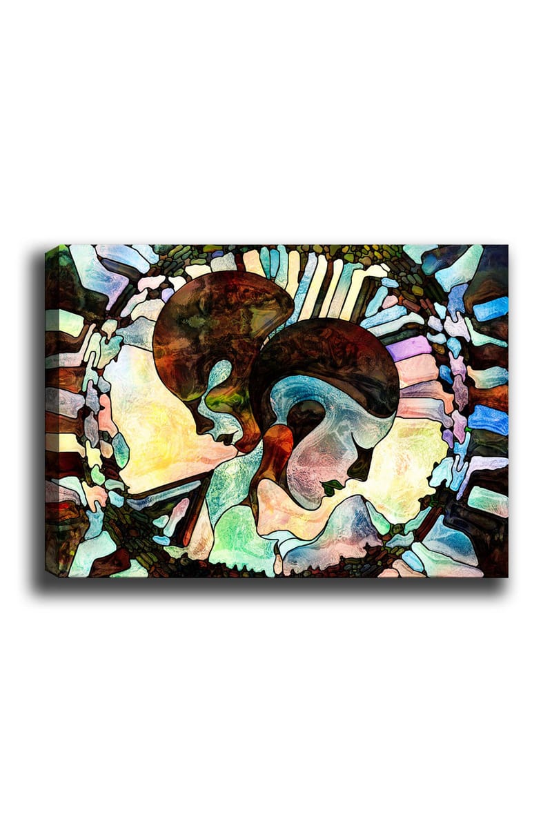 Canvastavla 70x100 cm - Två stiliserade ansikten som förenas i en harmonisk komposition - Mörkbrun / Ljusblå / Grön - Inredning - Tavlor & konst - Canvastavlor