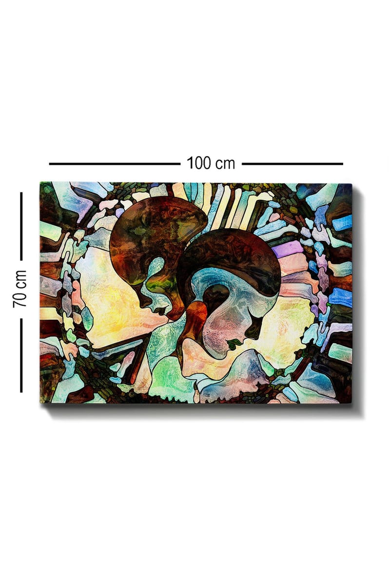 Canvastavla 70x100 cm - Två stiliserade ansikten som förenas i en harmonisk komposition - Mörkbrun / Ljusblå / Grön - Inredning - Tavlor & konst - Canvastavlor