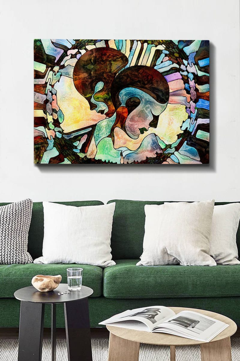 Canvastavla 70x100 cm - Två stiliserade ansikten som förenas i en harmonisk komposition - Mörkbrun / Ljusblå / Grön - Inredning - Tavlor & konst - Canvastavlor