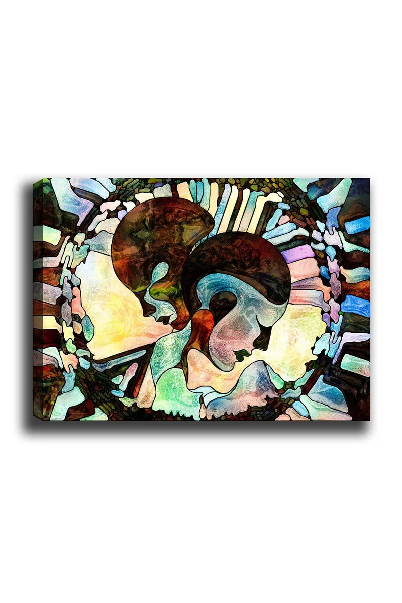 Canvastavla 70x100 cm - Två stiliserade ansikten som förenas i en harmonisk komposition - Mörkbrun / Ljusblå / Grön - Inredning - Tavlor & konst - Canvastavlor