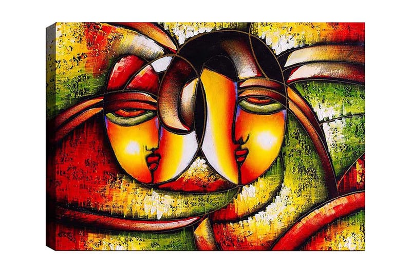 Canvastavla 70x100 cm - Två stiliserade ansikten som uttrycker närhet och samhörighet - Röd / Grön / Gul - Inredning - Tavlor & konst - Canvastavlor