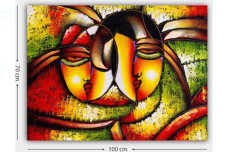 Canvastavla 70x100 cm - Två stiliserade ansikten som uttrycker närhet och samhörighet - Röd / Grön / Gul - Inredning - Tavlor & konst - Canvastavlor
