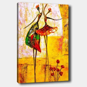 Canvastavla 70x100 cm - Två stiliserade dansare i färgglada klänningar som uttrycker glädje och rörelse - Röd / Grön / Gul - Inredning - Tavlor & konst - Canvastavlor