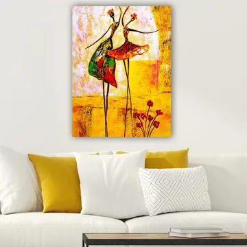 Canvastavla 70x100 cm - Två stiliserade dansare i färgglada klänningar som uttrycker glädje och rörelse - Röd / Grön / Gul - Inredning - Tavlor & konst - Canvastavlor