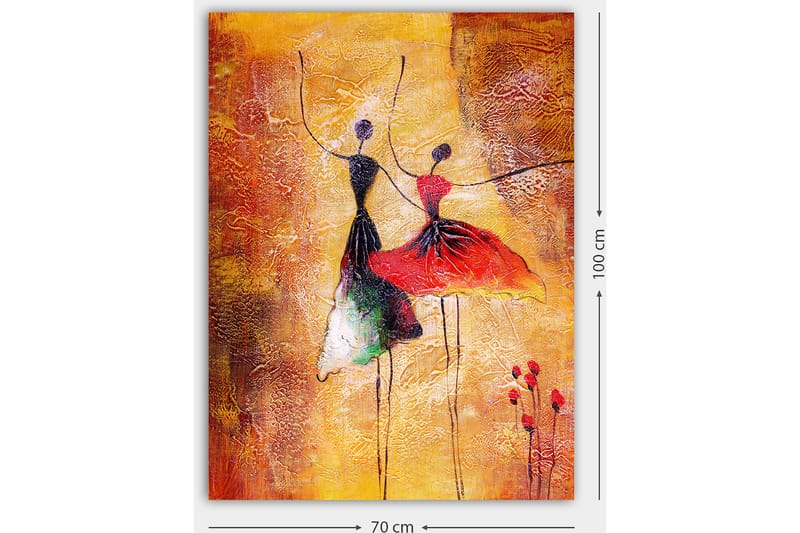 Canvastavla 70x100 cm - Två stiliserade dansare i färgglada klänningar som uttrycker rörelse och glädje - Röd / Svart / Orange - Inredning - Tavlor & konst - Canvastavlor