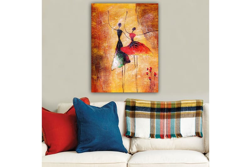 Canvastavla 70x100 cm - Två stiliserade dansare i färgglada klänningar som uttrycker rörelse och glädje - Röd / Svart / Orange - Inredning - Tavlor & konst - Canvastavlor