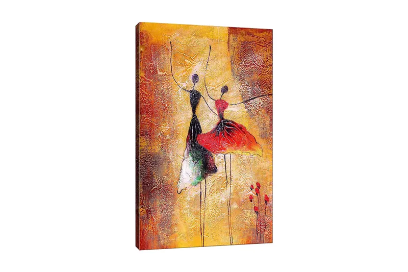 Canvastavla 70x100 cm - Två stiliserade dansare i färgglada klänningar som uttrycker rörelse och glädje, Röd / Svart / Orange