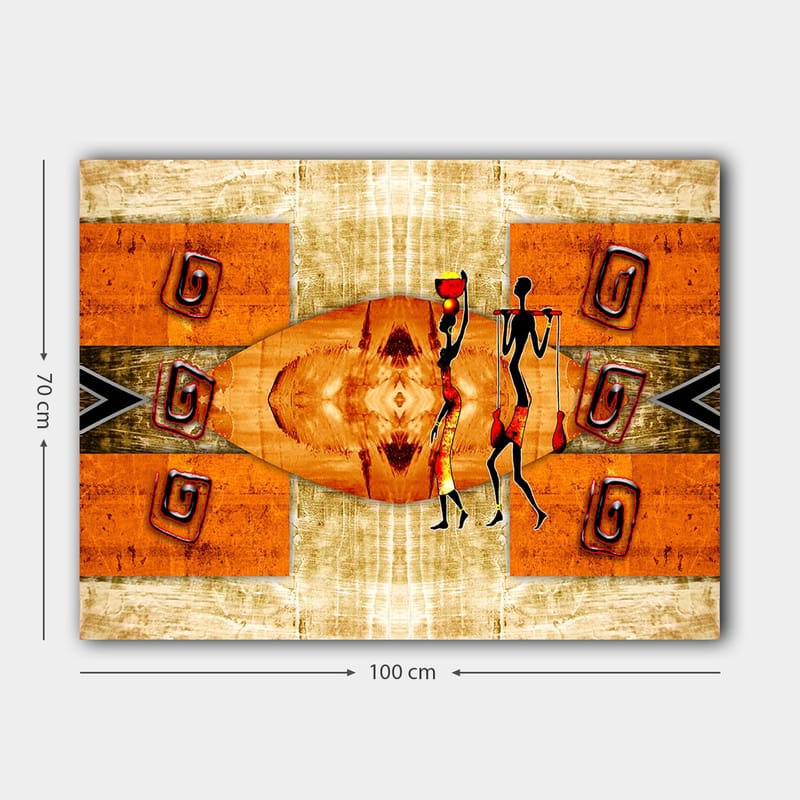 Canvastavla 70x100 cm - Två stiliserade figurer som bär kärl, omgivna av abstrakta mönster i varma färger - Orange / Röd / Svart - Inredning - Tavlor & konst - Canvastavlor