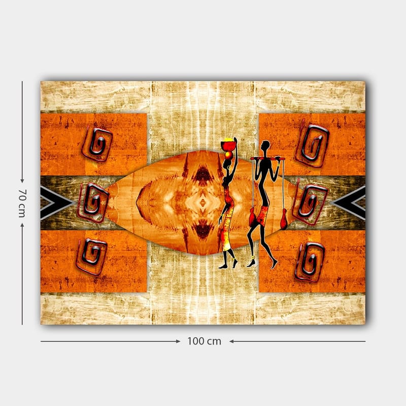 Canvastavla 70x100 cm - Två stiliserade figurer som bär kärl, omgivna av abstrakta mönster i varma färger - Orange / Röd / Svart - Inredning - Tavlor & konst - Canvastavlor