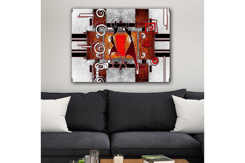 Canvastavla 70x100 cm - Två stiliserade figurer som dansar i en abstrakt komposition med spiraler och geometriska former - Röd / Brunt / Svart - Inredning - Tavlor & konst - Canvastavlor
