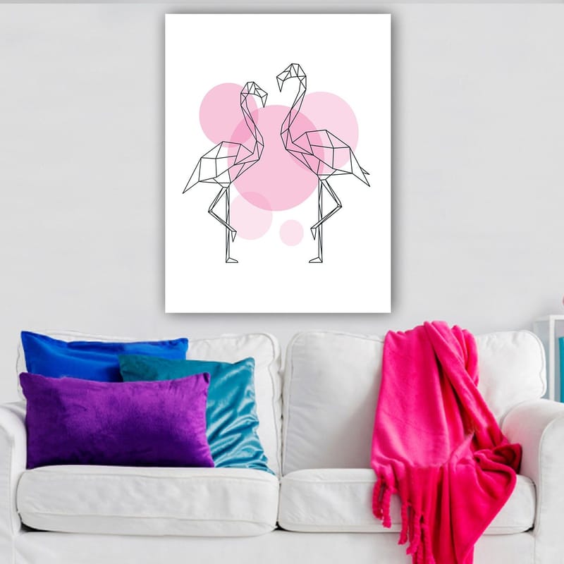 Canvastavla 70x100 cm - Två stiliserade flamingos i geometrisk form som står nära varandra - Rosa / Svart - Inredning - Tavlor & konst - Canvastavlor