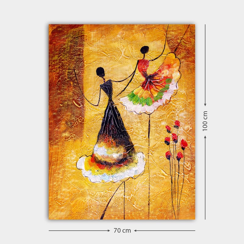 Canvastavla 70x100 cm - Två stiliserade kvinnor i färgglada klänningar som dansar tillsammans - Guld / Svart / Röd - Inredning - Tavlor & konst - Canvastavlor