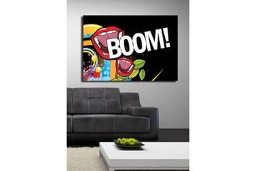 Canvastavla 70x100 cm - Två stora, öppna munnar med röda läppar som skriker BOOM! i en färgglad och livlig komposition - Röd / Grön / Blå - Inredning - Tavlor & konst - Canvastavlor