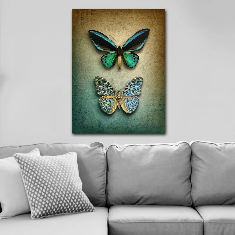 Canvastavla 70x100 cm - Två vackra fjärilar i en harmonisk komposition, Turkos / Grön / Blå