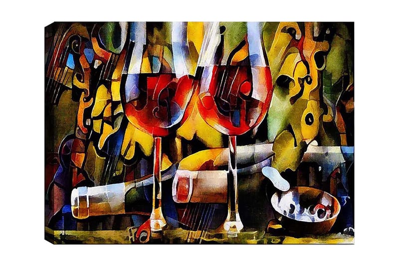 Canvastavla 70x100 cm - Två vinglas med röd vätska omgivna av abstrakta musikaliska och färgglada element - Röd / Gul / Grön - Inredning - Tavlor & konst - Canvastavlor