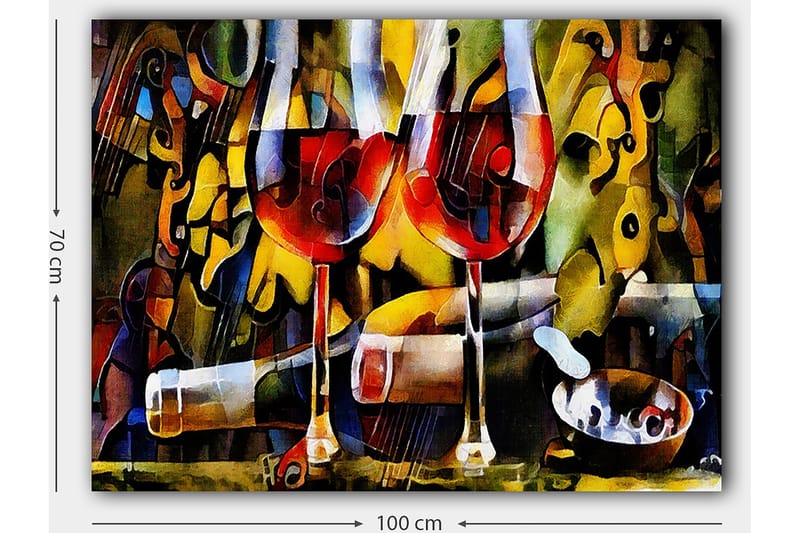 Canvastavla 70x100 cm - Två vinglas med röd vätska omgivna av abstrakta musikaliska och färgglada element - Röd / Gul / Grön - Inredning - Tavlor & konst - Canvastavlor
