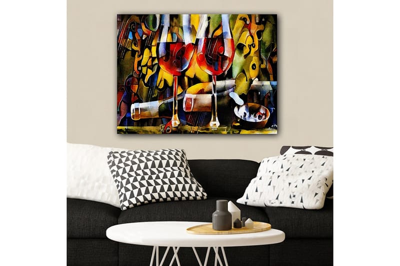 Canvastavla 70x100 cm - Två vinglas med röd vätska omgivna av abstrakta musikaliska och färgglada element - Röd / Gul / Grön - Inredning - Tavlor & konst - Canvastavlor