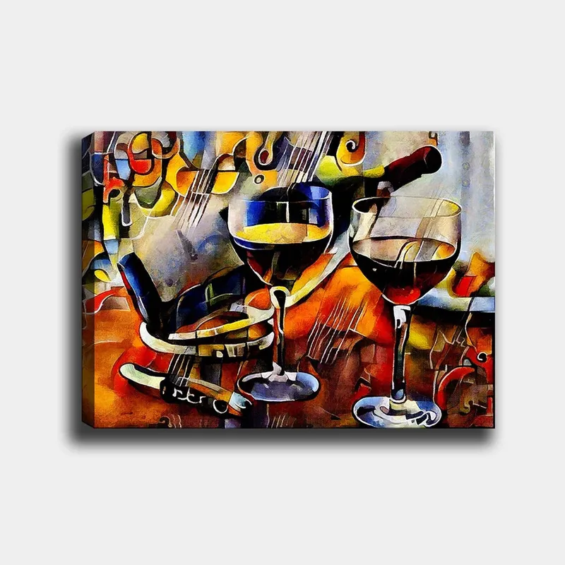 Canvastavla 70x100 cm - Två vinglas med rödvin och en flaska vin, omgivna av musikaliska inslag - Röd / Gul / Blå - Inredning - Tavlor & konst - Canvastavlor