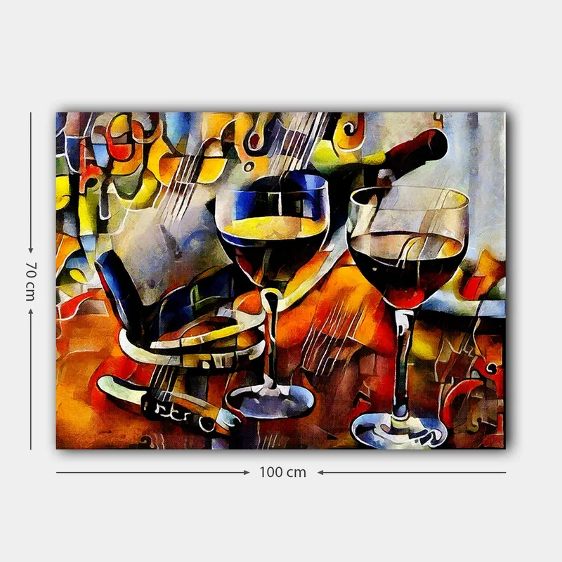 Canvastavla 70x100 cm - Två vinglas med rödvin och en flaska vin, omgivna av musikaliska inslag - Röd / Gul / Blå - Inredning - Tavlor & konst - Canvastavlor