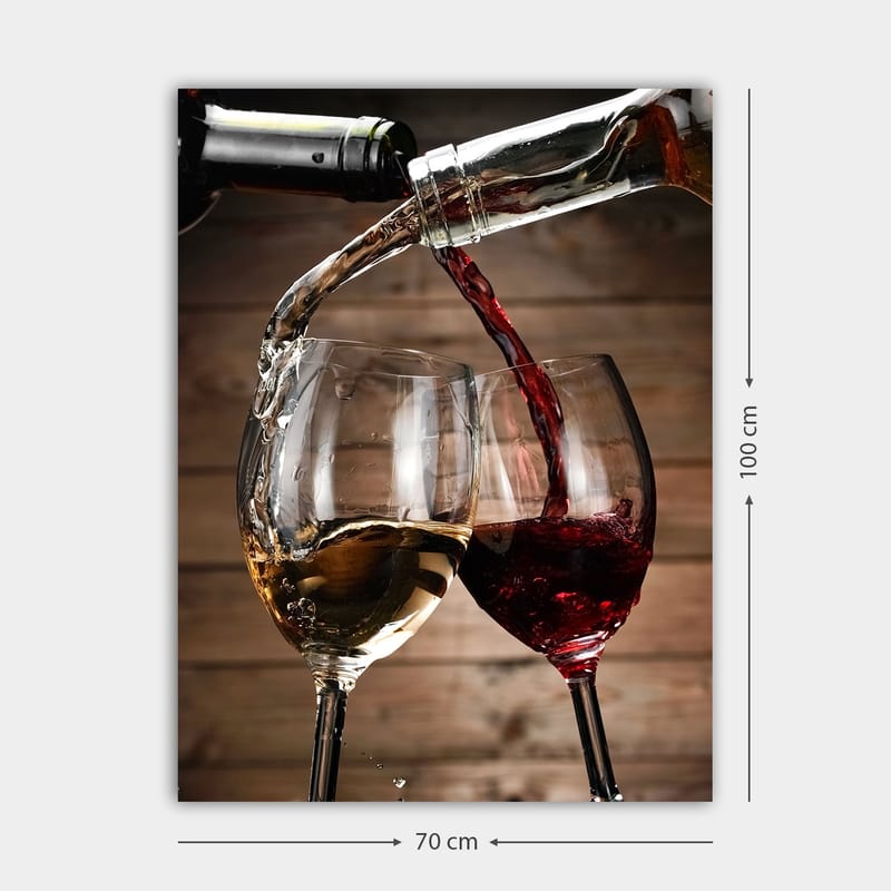 Canvastavla 70x100 cm - Två vinglas som skålar med vitt och rödvin som hälls i dem - Guld / Röd - Inredning - Tavlor & konst - Canvastavlor