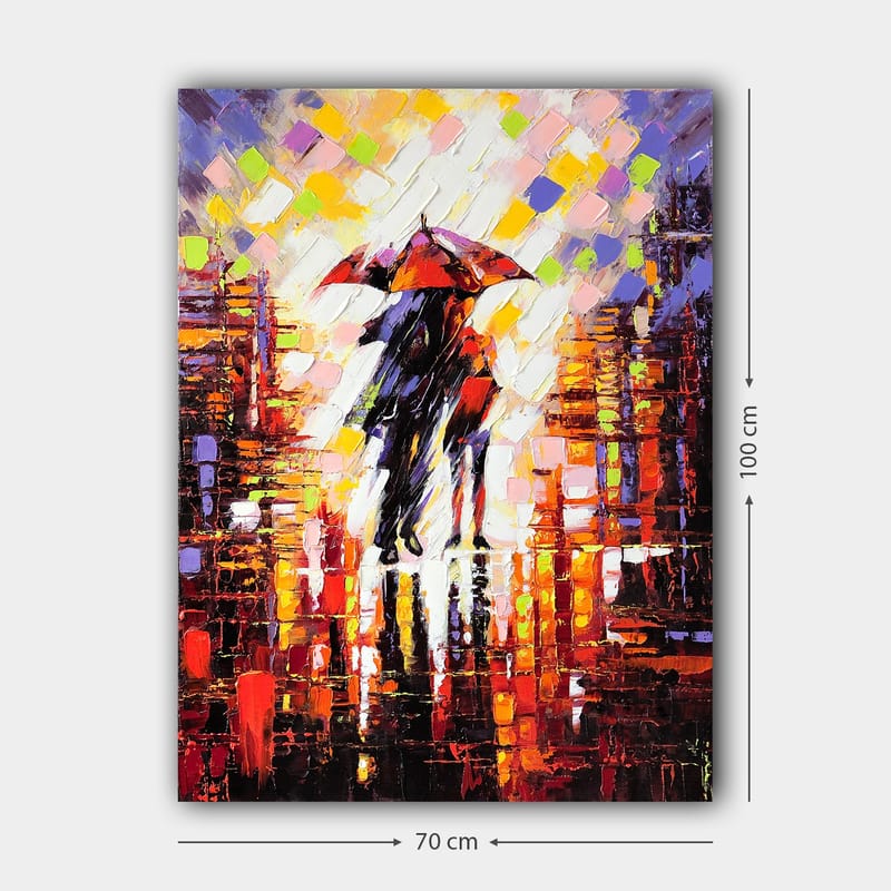 Canvastavla 70x100 cm - Två personer med ett paraply som står i en regnig stadsmiljö - Röd / Svart / Orange - Inredning - Tavlor & konst - Canvastavlor