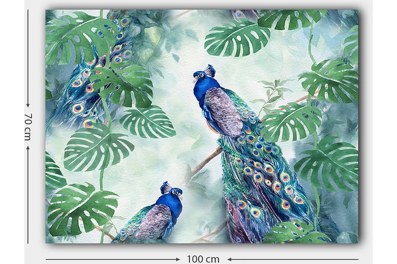 Canvastavla 70x100 cm - Två påfåglar som sitter bland gröna växter i en livfull och färgglad miljö - Blå / Grön / Turkos - Inredning - Tavlor & konst - Canvastavlor