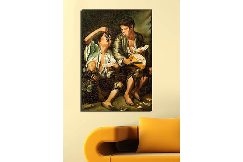 Canvastavla 70x100 cm - Två pojkar som delar en måltid med frukt och ost - Grön / Brun / Beige - Inredning - Tavlor & konst - Canvastavlor