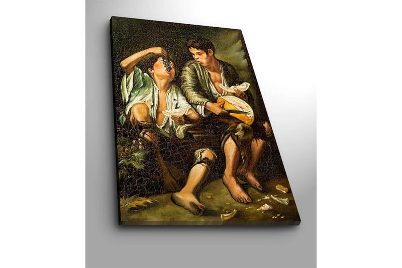 Canvastavla 70x100 cm - Två pojkar som delar en måltid med frukt och ost - Grön / Brun / Beige - Inredning - Tavlor & konst - Canvastavlor