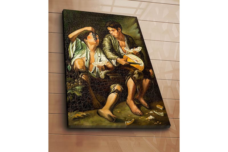 Canvastavla 70x100 cm - Två pojkar som delar en måltid med frukt och ost - Grön / Brun / Beige - Inredning - Tavlor & konst - Canvastavlor