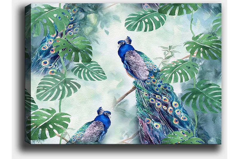 Canvastavla 70x100 cm - Två påfåglar som sitter bland gröna växter i en livfull och färgglad miljö - Blå / Grön / Turkos - Inredning - Tavlor & konst - Canvastavlor