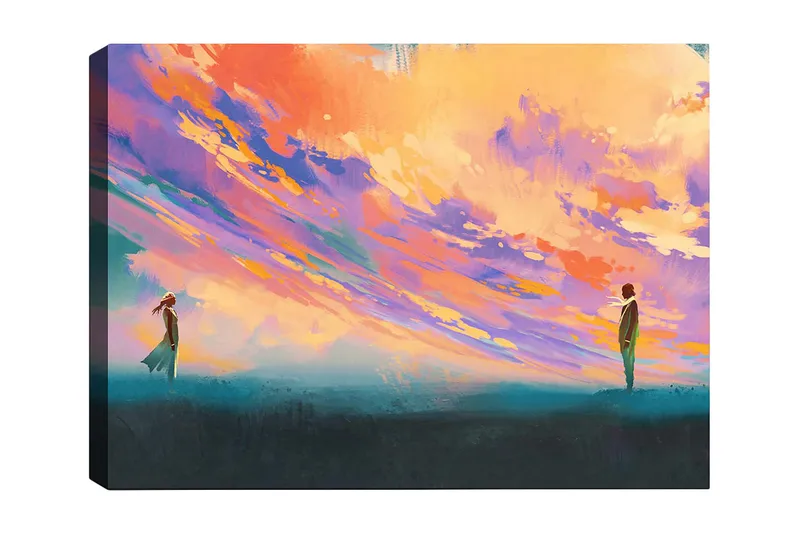 Canvastavla 70x100 cm - Två personer står på en öppen plats under en färgsprakande himmel, Lila / Orange / Turkos
