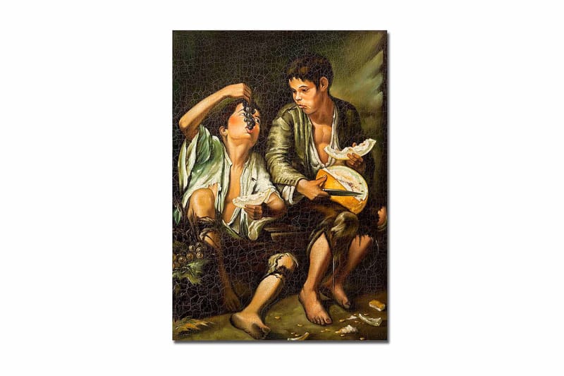 Canvastavla 70x100 cm - Två pojkar som delar en måltid med frukt och ost, Grön / Brun / Beige