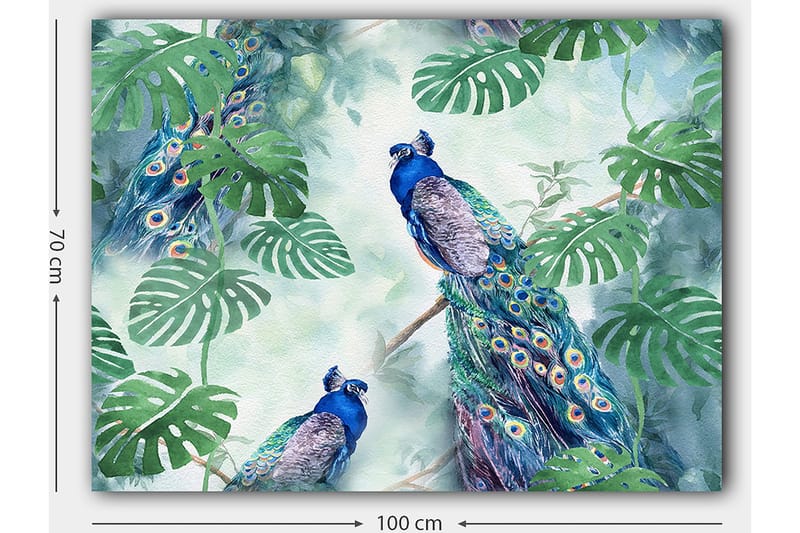 Canvastavla 70x100 cm - Två påfåglar som sitter bland gröna växter i en livfull och färgglad miljö - Blå / Grön / Turkos - Inredning - Tavlor & konst - Canvastavlor
