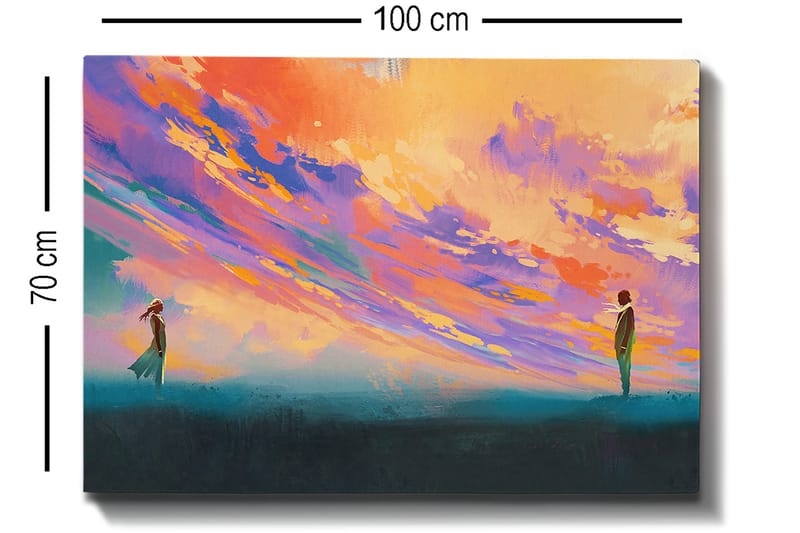 Canvastavla 70x100 cm - Två personer står på en öppen plats under en färgsprakande himmel - Lila / Orange / Turkos - Inredning - Tavlor & konst - Canvastavlor