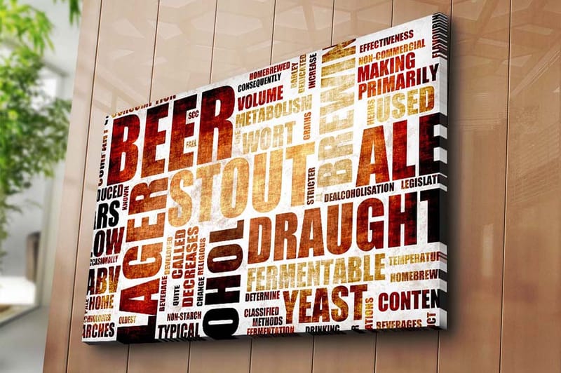 Canvastavla 70x100 cm - Typografisk komposition med fokus på olika ölsorter och bryggningstermer - Mörkbrun / Beige / Svart - Inredning - Tavlor & konst - Canvastavlor