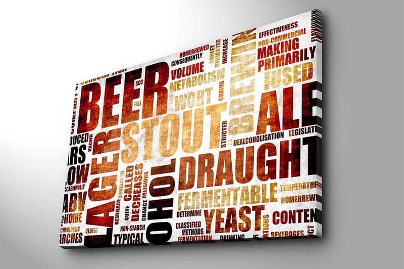 Canvastavla 70x100 cm - Typografisk komposition med fokus på olika ölsorter och bryggningstermer - Mörkbrun / Beige / Svart - Inredning - Tavlor & konst - Canvastavlor