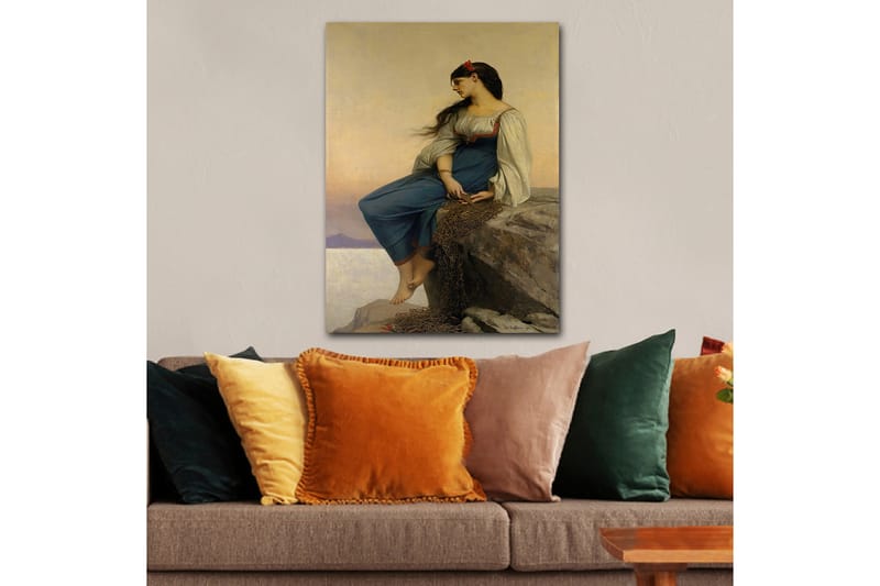 Canvastavla 70x100 cm - Ung kvinna sitter på en klippa med en eftertänksam blick, klädd i en blå klänning med vita ärmar - Blå / Vit / Röd - Inredning - Tavlor & konst - Canvastavlor