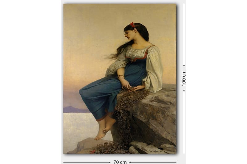 Canvastavla 70x100 cm - Ung kvinna sitter på en klippa med en eftertänksam blick, klädd i en blå klänning med vita ärmar - Blå / Vit / Röd - Inredning - Tavlor & konst - Canvastavlor