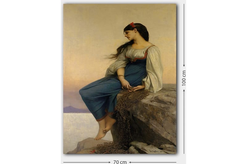Canvastavla 70x100 cm - Ung kvinna sitter på en klippa med en eftertänksam blick, klädd i en blå klänning med vita ärmar - Blå / Vit / Röd - Inredning - Tavlor & konst - Canvastavlor