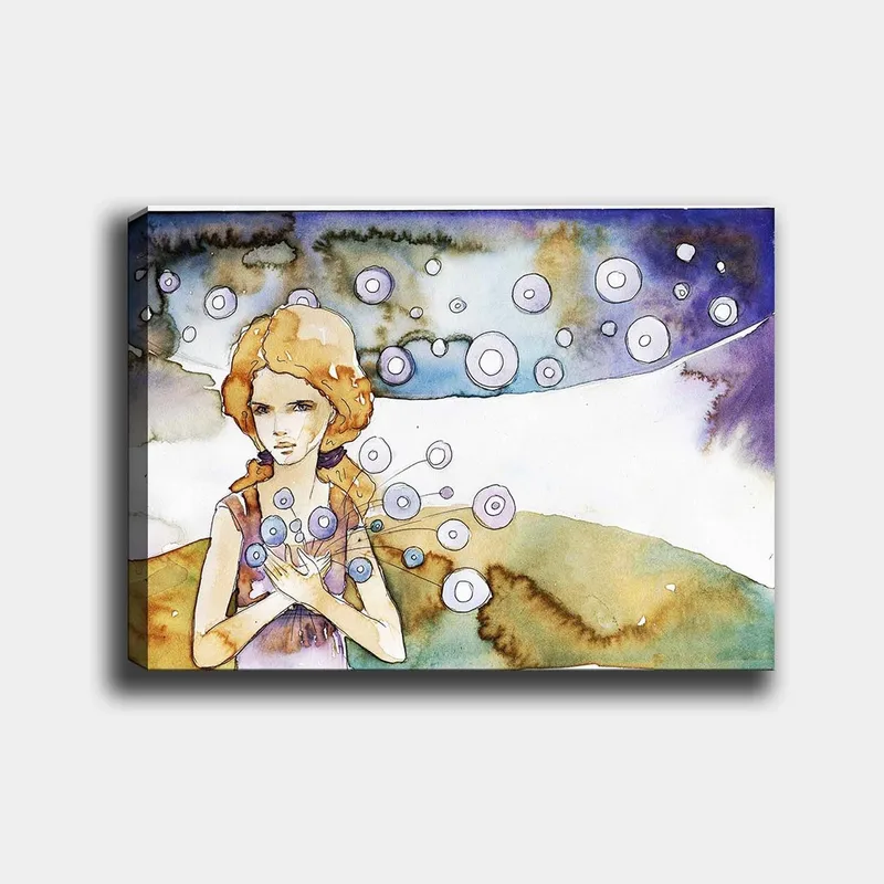 Canvastavla 70x100 cm - Ung kvinna som håller i en bukett med cirkulära blommor i en drömlik landskapsscen, Ljusblå / Beige / Lila