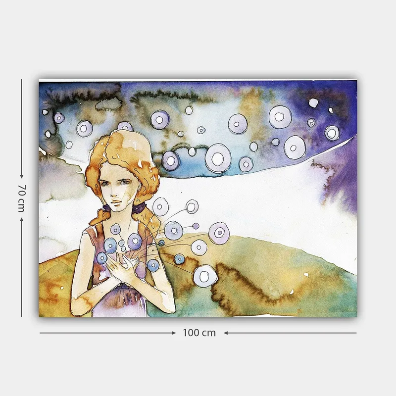 Canvastavla 70x100 cm - Ung kvinna som håller i en bukett med cirkulära blommor i en drömlik landskapsscen - Ljusblå / Beige / Lila - Inredning - Tavlor & konst - Canvastavlor