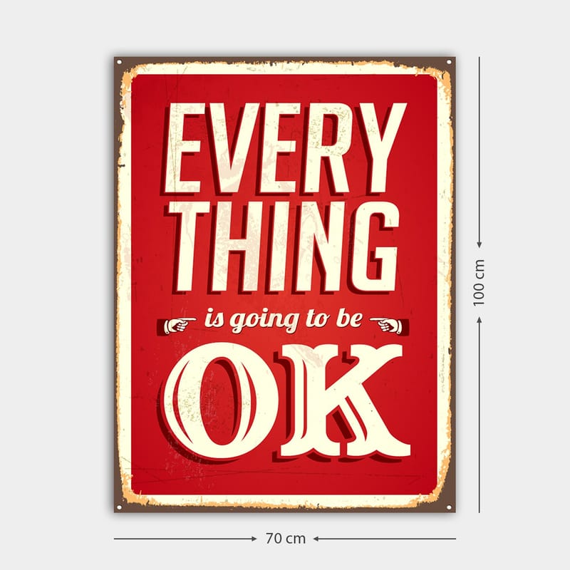 Canvastavla 70x100 cm - Upplyftande skylt med texten EVERYTHING is going to be OK i en retrostil - Röd / Vit - Inredning - Tavlor & konst - Canvastavlor