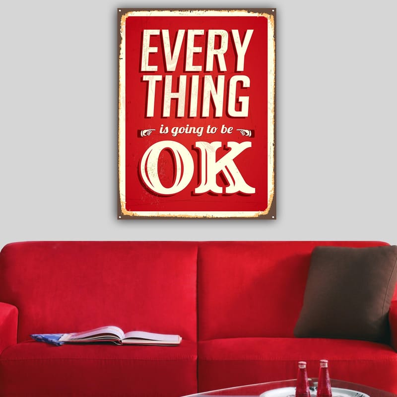Canvastavla 70x100 cm - Upplyftande skylt med texten EVERYTHING is going to be OK i en retrostil - Röd / Vit - Inredning - Tavlor & konst - Canvastavlor