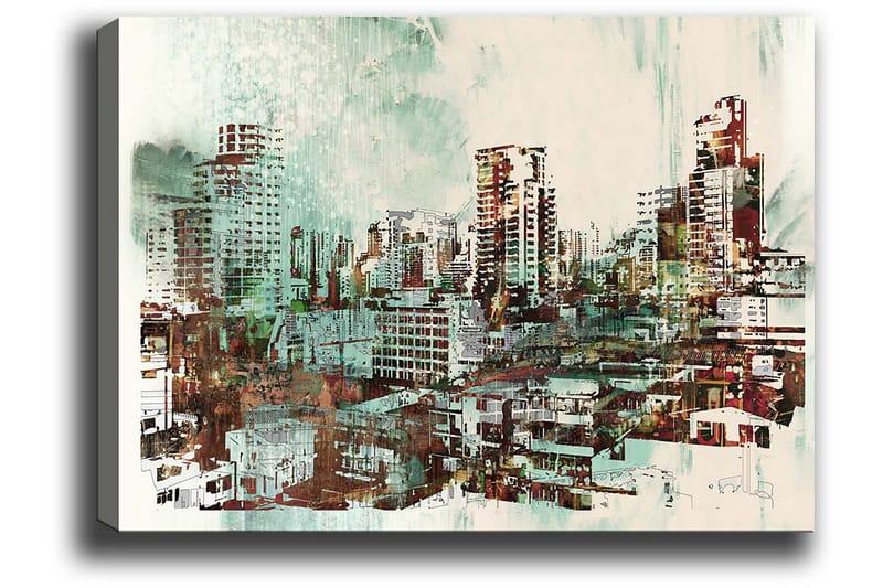 Canvastavla 70x100 cm - Urban stadslandskap med höga byggnader och livliga gator - Grön / Brun / Vit - Inredning - Tavlor & konst - Canvastavlor