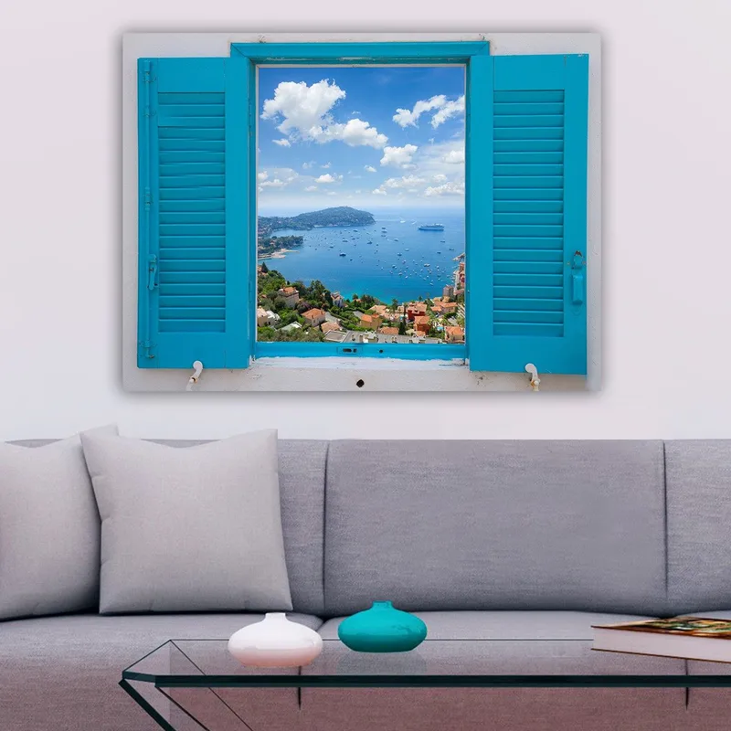 Canvastavla 70x100 cm - Utsikt genom ett öppet fönster med hav och himmel i fokus - Blå / Grön / Vit - Inredning - Tavlor & konst - Canvastavlor