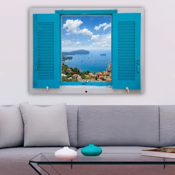 Canvastavla 70x100 cm - Utsikt genom ett öppet fönster med hav och himmel i fokus - Blå / Grön / Vit - Inredning - Tavlor & konst - Canvastavlor