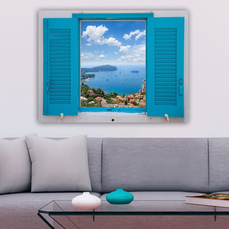 Canvastavla 70x100 cm - Utsikt genom ett öppet fönster med hav och himmel i fokus - Blå / Grön / Vit - Inredning - Tavlor & konst - Canvastavlor