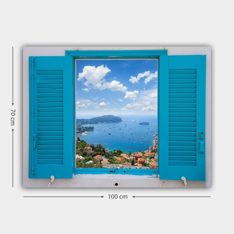 Canvastavla 70x100 cm - Utsikt genom ett öppet fönster med hav och himmel i fokus - Blå / Grön / Vit - Inredning - Tavlor & konst - Canvastavlor