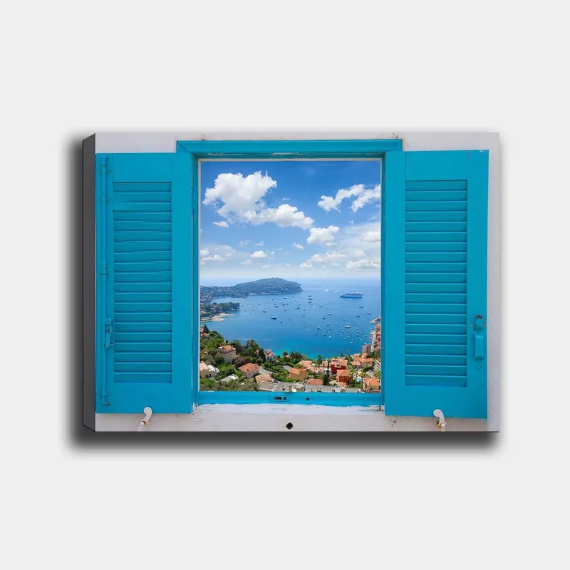Canvastavla 70x100 cm - Utsikt genom ett öppet fönster med hav och himmel i fokus - Blå / Grön / Vit - Inredning - Tavlor & konst - Canvastavlor