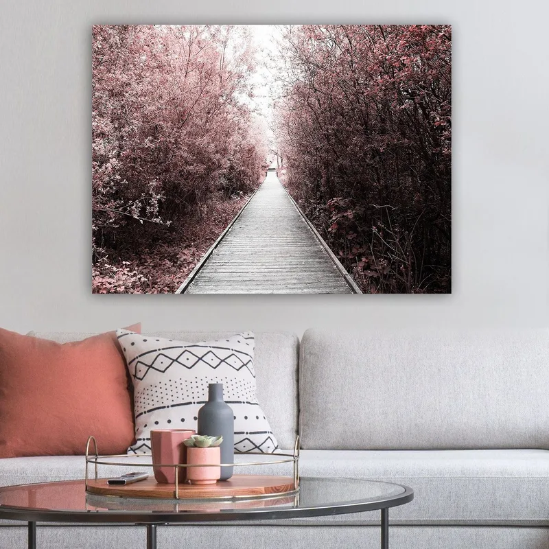 Canvastavla 70x100 cm - Väg som leder genom en skog av rosa träd - Rosa / Grå - Inredning - Tavlor & konst - Canvastavlor